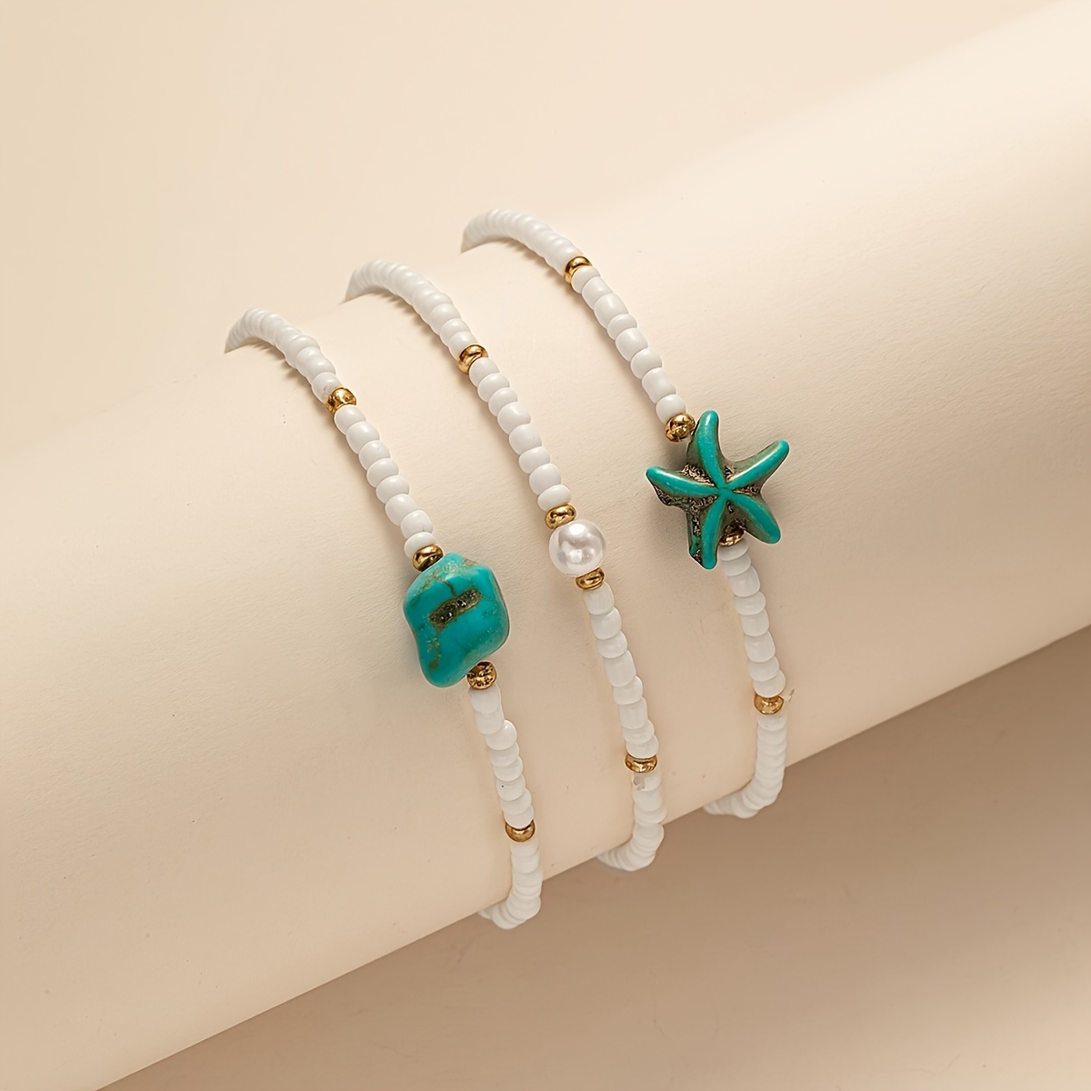 3pc Bohemian Mixed-Color Seed Bead Starfish Anklet Set